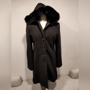 Charles Klein 100% wool, faux fur lined hood, long-line coat - size 16